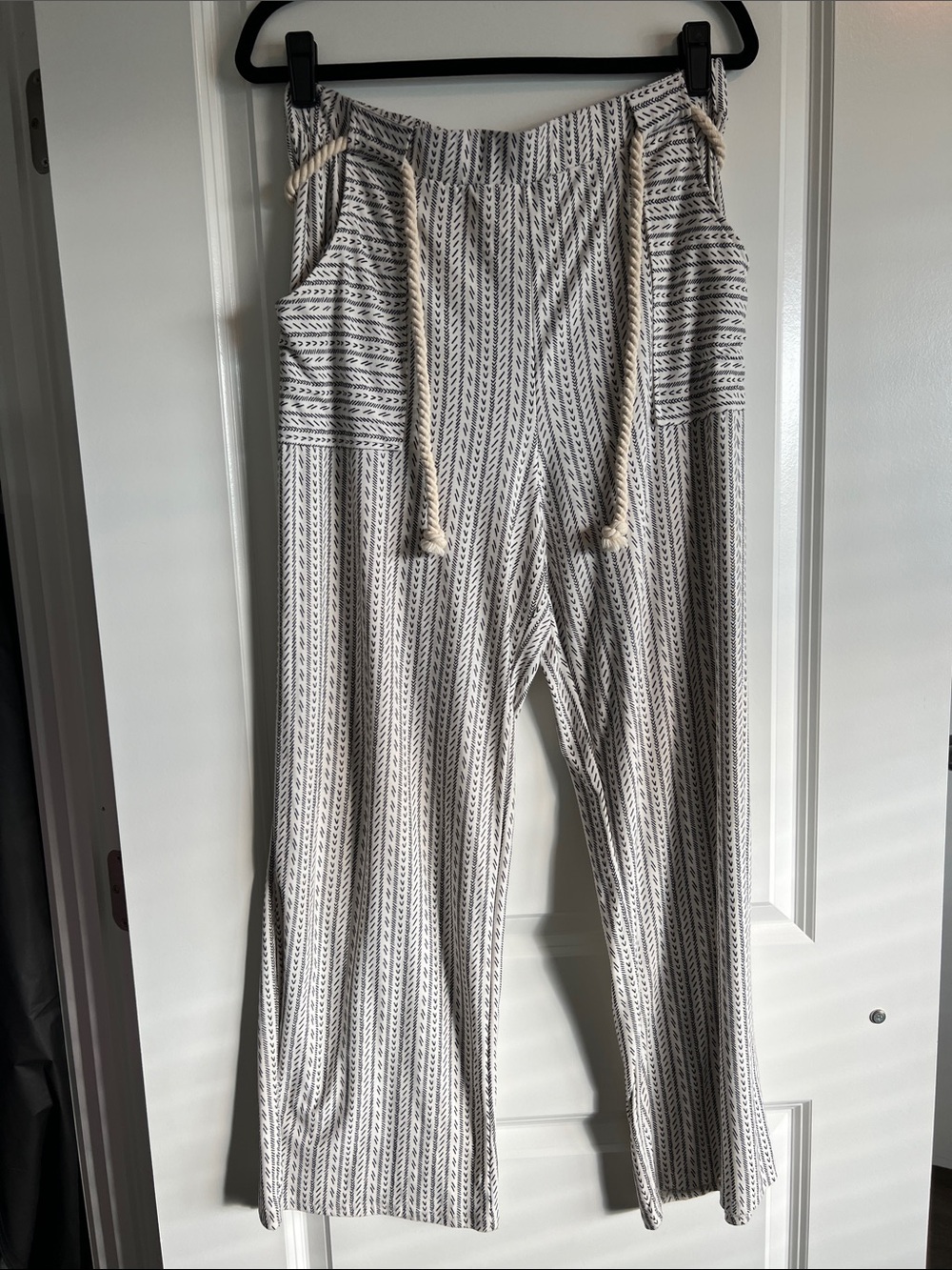 Striped Cream and Black Drawstring Wide-Leg Pants